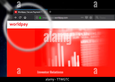 Nowosibirsk, Russland - Juni 18, 2019 - Illustrative Editorial von Worldpay Homepage. Worldpay Logo sichtbar auf dem Anzeigebildschirm angezeigt. Stockfoto