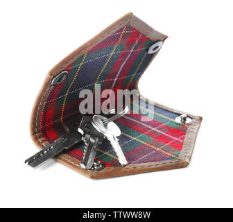 Geöffnet Schlüssel Fall isoliert auf weißem Stockfoto