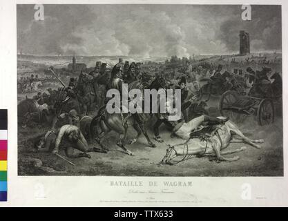 Schlacht von Wagram 1809, in der Schlacht bei Wagram am 5. und 6. Juli 1809 unterwerfen Napoleon französische Truppen Erzherzog Karl von Österreich Österreichische Armee in der Nähe von Wien Kupferstich von Pierre Michel Adam basierend auf Gemälde von Jean Charles Langlois, Additional-Rights - Clearance-Info - Not-Available Stockfoto