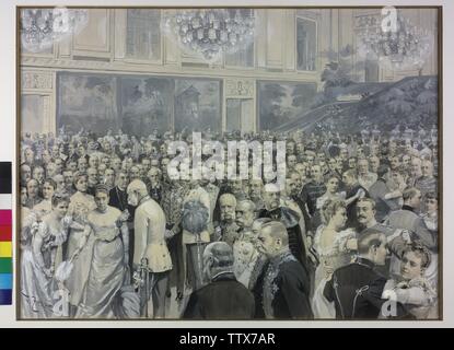 Court Ball in der redoute Hall, die Sitzreihen vor der Bühne während des Ball in der redoute Hall von der Hofburg am 8.1.1898. Kaiser Franz Joseph Hagel Franziska Gräfin Sternberg-Larisch (links) und Maria Theresia Gräfin Harrach Taxis (rechts) Pinsel Zeichnung in Schwarz, Grau und Weiss, mit Deckweiß Highlights, von Thodor Zasche, unterzeichnet, Th. ZASCHE', in Passepartout umrandet Vorlage für fotogravur (Pk 2837, 5), die von der Serie "Kaiserbilder", Verlag. Durch literarys Institut cosmos hearted Verlag, 189, Additional-Rights - Clearance-Info - Not-Available Stockfoto