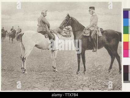 Kaiser Franz Joseph I. und Kaiser Wilhelm II. auf das Manöver Feld in Totis, 12.9.1891: Manöver der 4. und 5. Korps im Zimmer von totis (Tata, Ungarn), Kaiser Franz Joseph I. und Wilhelm II. auf Pferd auf Malerei basierten fotogravur von Felician Baron von Myrbach, signiert "Ch'von Aktentasche: "Kaiserbilder', literarische Institut Cosmos, Vienna-Leipzig - Budapest (Aktentasche mit 28 heliogravures auf Gemälde), Additional-Rights - Clearance-Info - Not-Available Stockfoto