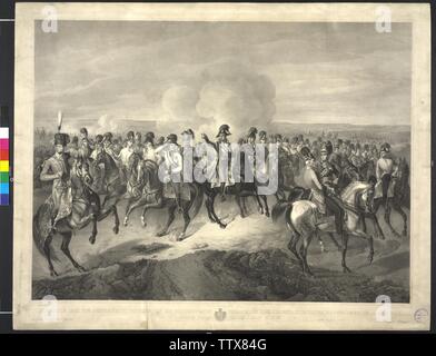 Erzherzog Carl von Österreich von den bekanntesten Generäle des Österreichischen Hauptarmee im Jahre 1809 umgeben, Reiter Bild, Lithographie von Franz Hanfstaengl auf ein Gemälde von Karl August Aerttinger. Wappen. China person key Seite PG III/1/ 56, 1 und 2 - - Not-Available Clearance-Info Additional-Rights Stockfoto