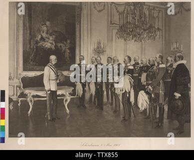 Hommage der deutschen Fürsten der Verbände vor dem Kaiser Franz Joseph in der Ocassion des 60-jährige Jubiläum der Herrschaft 1908, visitation der deutschen Fürsten der Verbände am 8. Mai 1908 in Schloss Schönbrunn mit Kaiser Franz Joseph I. zum Jahrestag der Herrschaft zu gratulieren. Präzise person Schlüssel pk 453, 43 Vergleichen b Fotogravur auf Gemälde von Franz von capot (1908-1910) durch Gerlach und Wiedling, Wien Die ursprüngliche Malerei entscheiden sich in Schloss Schönbrunn, Additional-Rights - Clearance-Info - Not-Available Stockfoto