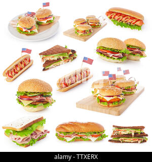 Junk fast food Collage der Burger, Sandwiches und Hot Dogs auf weißem Hintergrund Stockfoto
