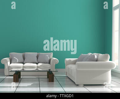 Mint Wand mit Sofa & Sideboard auf Keramik Interieur. 3D-Rendering Stockfoto