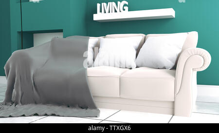 Grüne Minze Wand mit Sofa & Sideboard auf Keramik Interieur. 3D-Rendering Stockfoto