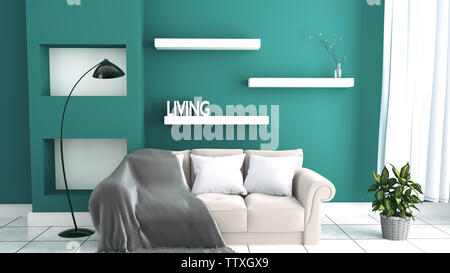 Grüne Minze Wand mit Sofa & Sideboard auf Keramik Interieur. 3D-Rendering Stockfoto