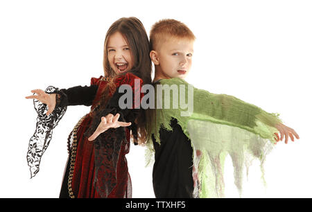 Cute kids Halloween Kostüme auf hellen Hintergrund Stockfoto