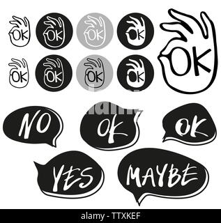 Abstrakte OK okay Hand symbol Vektor und hand Ja, nein, vielleicht, ok Zeichen in Sprechblasen geschrieben. Logo vektor Vorlage. Der Vektor simbols auf weißem Hintergrund. Stock Vektor