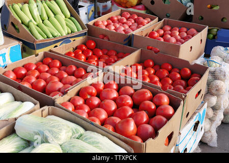 Frisches Gemüse in Kartons auf den Markt Stockfoto