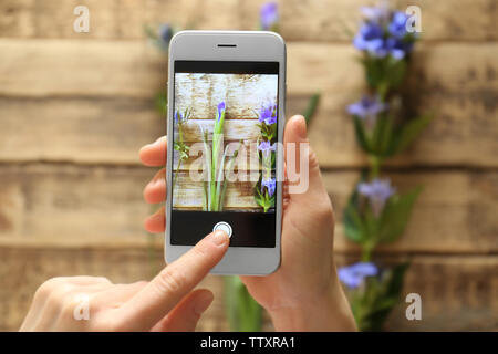 Weibliche Hände unter Foto von schönen Blumen mit Smartphone Stockfoto