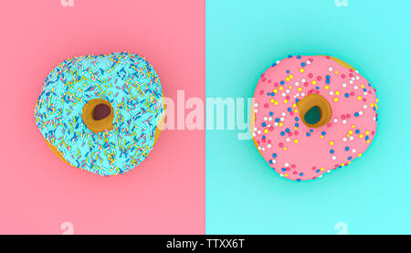 Gerenderten 3D-Bild der Krapfen auf Rosa und Hellblau Hintergrund in Flach Stil. Stockfoto