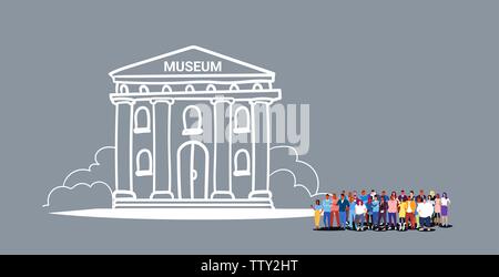 Leute besuchen Museum Gebäude Männer Frauen Touristen Gruppe zusammen Wandern beliebte touristische Destination in voller Länge Skizze doodle horizontal Stock Vektor