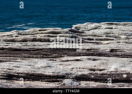 Oceanside felsigen Klippe Sandstein wave Bergrücken mit blauen Küste Meer im Hintergrund Stockfoto