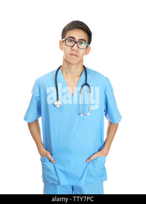 Jungen gutaussehenden Arzt auf weißem Hintergrund Stockfoto