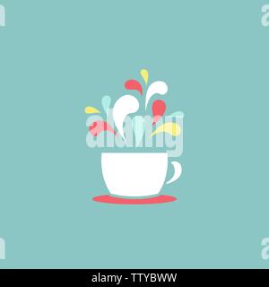 Schale mit bunten Tropfen heraus fliegen. silhouette Symbol. Becher mit Tee oder Kaffee bei Pulver blau Hintergrund isoliert. Vector Illustration. Morgen cappuccin Stock Vektor