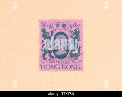 Hongkong - ca. 1950: einen Stempel in Hongkong gedruckt zeigt die Königin, ca. 1950 Stockfoto