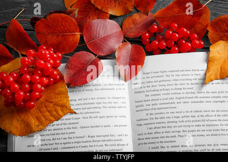 Geöffnete Buch mit bunten Blätter im Herbst und viburnum, Nahaufnahme Stockfoto