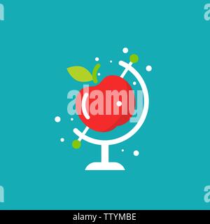 Globus mit roter Apfel auf blauen Hintergrund. Flat Earth Planet Modell. Wissenschaft Symbol. Stock Vektor