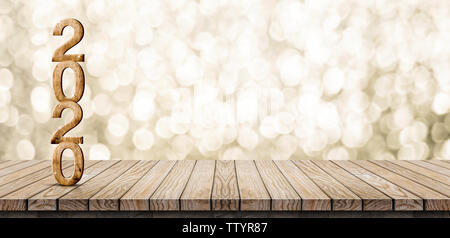 2020 Frohes neues Jahr Holz Anzahl (3D-Rendering) auf Holz Tisch mit funkelnden Gold bokeh Wand, lassen Platz für Display oder Montage von Gestaltung und Inhalt. Stockfoto