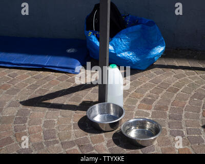 Metallische Hundeschale mit Wasser auf der Straße Stockfoto