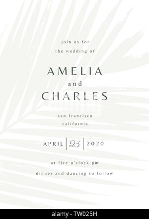 Einfache typografische Stil einladung hochzeit in Weiß und Grau mit palm leaf Silhouette im Hintergrund. Das moderne und stilvolle 5 x 7 Zoll Gruß ca Stock Vektor