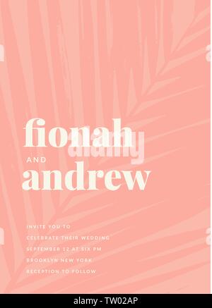 Einfache typografische Stil einladung hochzeit in Weiß und Pastelltönen Coral Pink mit palm leaf Silhouette im Hintergrund. Das moderne und stilvolle 5 x 7-Zoll-Seiten - Stock Vektor