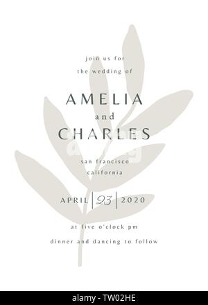Einfache und minimalistische typographischen Stils einladung hochzeit in Weiß und Grau mit Blättern Silhouette im Hintergrund. Das moderne und stilvolle 5 x 7 Zoll Stock Vektor