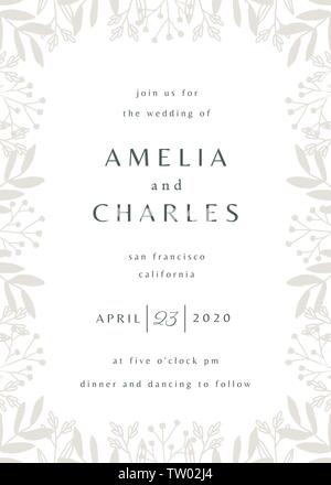 Einfache und minimalistische typographischen Stils einladung hochzeit in Weiß und Grau mit dekorativen botanischen Grenze. Das moderne und stilvolle 5 x 7 Zoll greetin Stock Vektor