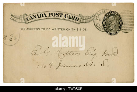 Hamilton, Kanada - 1. Dezember 1894: Kanadische Historische Postkarte mit schwarzem Text in Vignette, bedruckt 1 Cent Queen Victoria Stempel, Fancy abbrechen Stockfoto