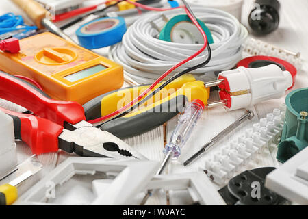 Detailansicht der Elektriker Werkzeuge Stockfoto