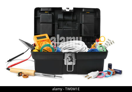 Box mit Tools auf weißem Hintergrund Stockfoto