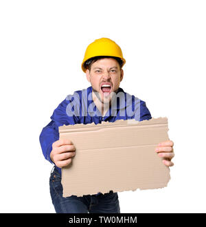 Protestieren junge Mann holding Stück Pappe mit Platz für Text auf hellem Hintergrund Stockfoto