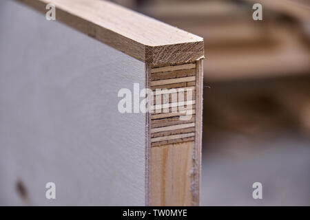 Holz Tür Fertigungsprozess. Türblatt. Holzbearbeitung und Schreinerei Produktion. Herstellung von Möbeln. Close-up Stockfoto