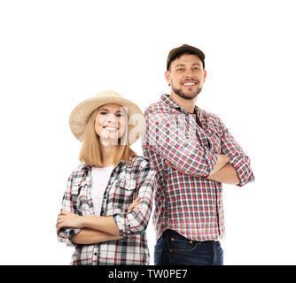 Junger Mann und Frau in karierten Hemden auf weißem Hintergrund Stockfoto