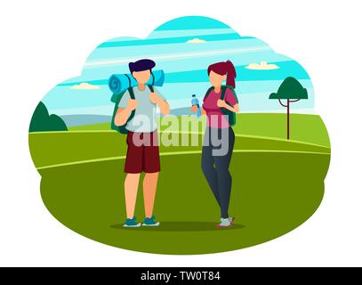 Touristische Mann und Frau. Reisende Zeichentrickfiguren. Liebe Konzept reisen. Vector Illustration. Stock Vektor