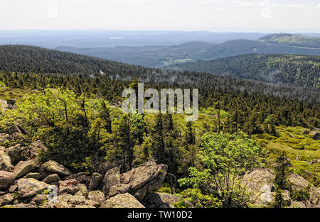 Blick vom Brocken Peak über den Harz mit seinem Wald und Felsformationen. Stockfoto