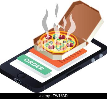 Smartphone Pizza bestellen Symbol. Isometrische der smartphone Pizza bestellen Vektor Symbol für Web Design auf weißem Hintergrund Stock Vektor