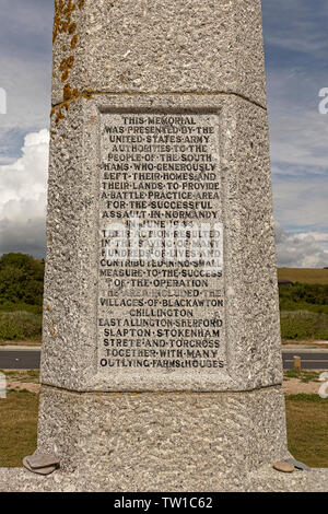 Slapton Sands Monument Strand Stockfoto