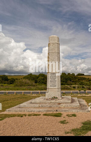 Slapton Sands Monument Strand Stockfoto