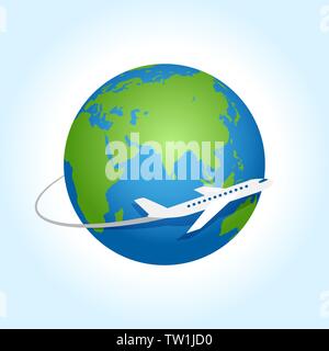 Flugzeug fliegen rund um den Planeten Erde. Vektor logo Icon Stock Vektor