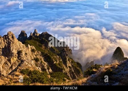 Camossara Tal in den Wolken, Pasubio Massiv, der Provinz Vicenza, Venetien, Italien, Europa. Stockfoto
