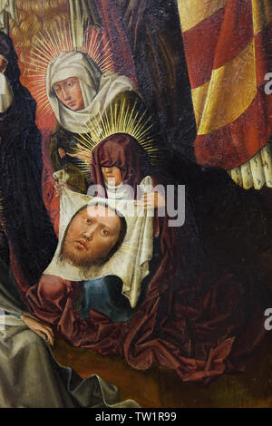 Saint Veronica im Detail der Kreuzigung von Meister der Benediktbeuren Kreuzigung dargestellt vom von rund 1455 auf Anzeige in der Alten Pinakothek in München, Bayern, Deutschland. Stockfoto