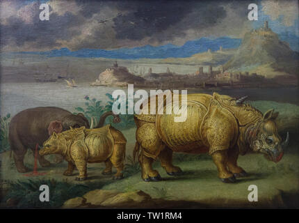 Indischen Panzernashörner und Afrikanischer Elefant im Detail dargestellt die Stadt Ceuta in das Gemälde "Afrika" aus der Serie von Gemälden "vier Kontinente" des flämischen Malers Jan Van Kessel der Ältere (1666) auf der Anzeige in der Alten Pinakothek in München, Bayern, Deutschland. Stockfoto
