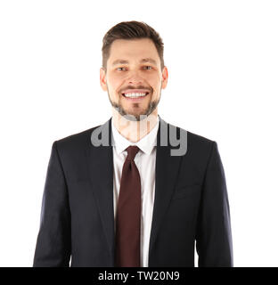 Schöner Mann im eleganten Anzug auf weißem Hintergrund Stockfoto