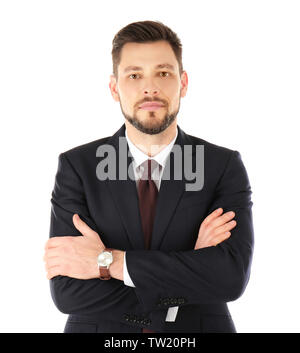 Schöner Mann im eleganten Anzug auf weißem Hintergrund Stockfoto