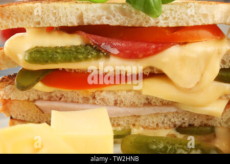 Leckeres Sandwich mit Käse und Wurst, Nahaufnahme Stockfoto