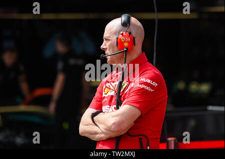 Monte Carlo / Monaco - 25/05/2019 - Jock Clear (Performance Ingenieur und Fahrer Trainer für Charles Leclerc) vor Lewis Hamilton's Box vor der s Stockfoto