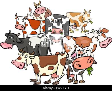 Cartoon Illustration der lustige Kühe Farm Animal Zeichen Gruppe Stock Vektor