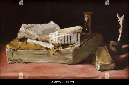 Stillleben mit alten Büchern und Sand - Glas von einem Unbekannten spanischen Maler aus dem zweiten Viertel des 17. Jahrhunderts in der Berliner Gemäldegalerie (Berlin Bildergalerie) in Berlin, Deutschland. Stockfoto